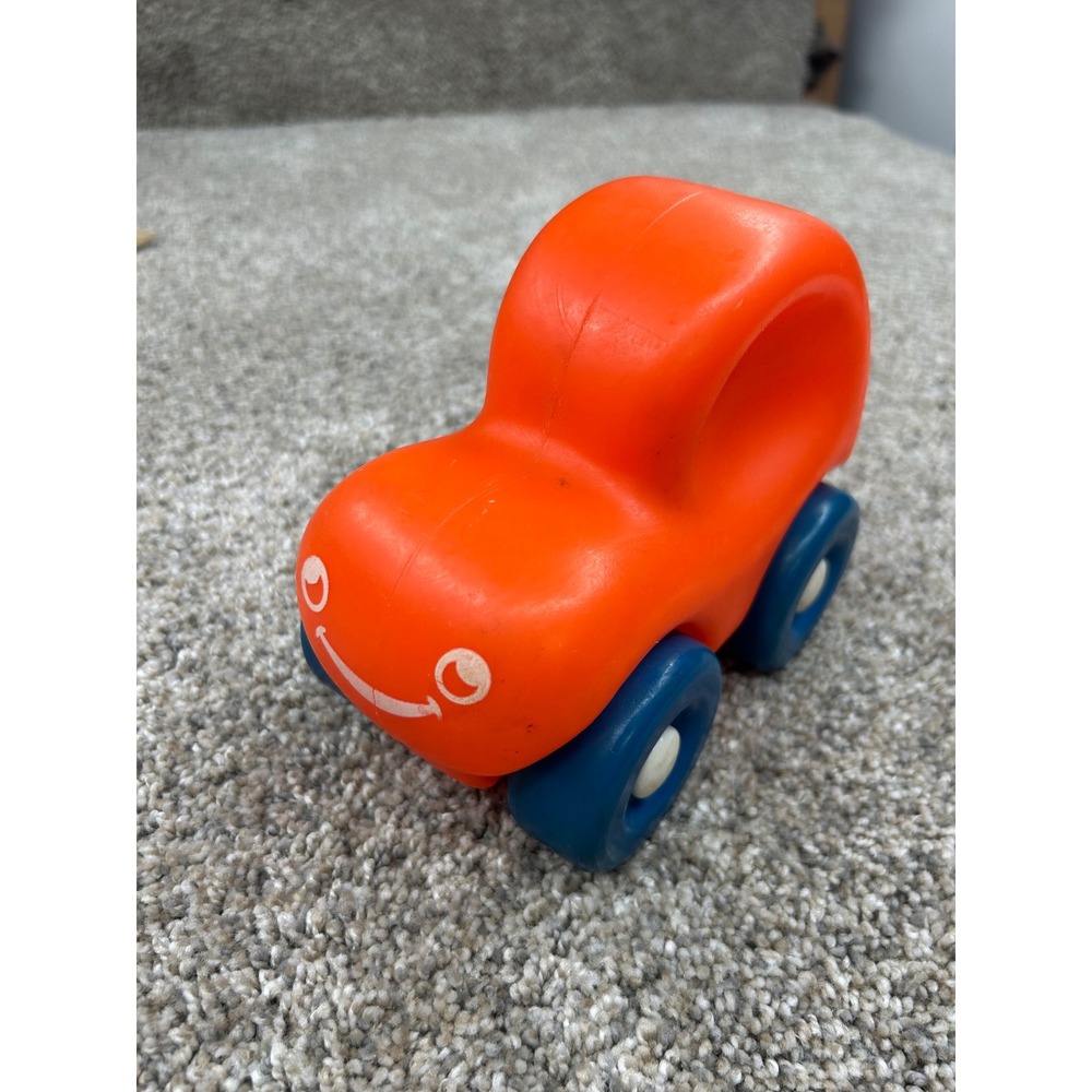 Vintage Little Tikes Orange Smile Face Car Toy Blue Wheels Toddler Push Vehicle